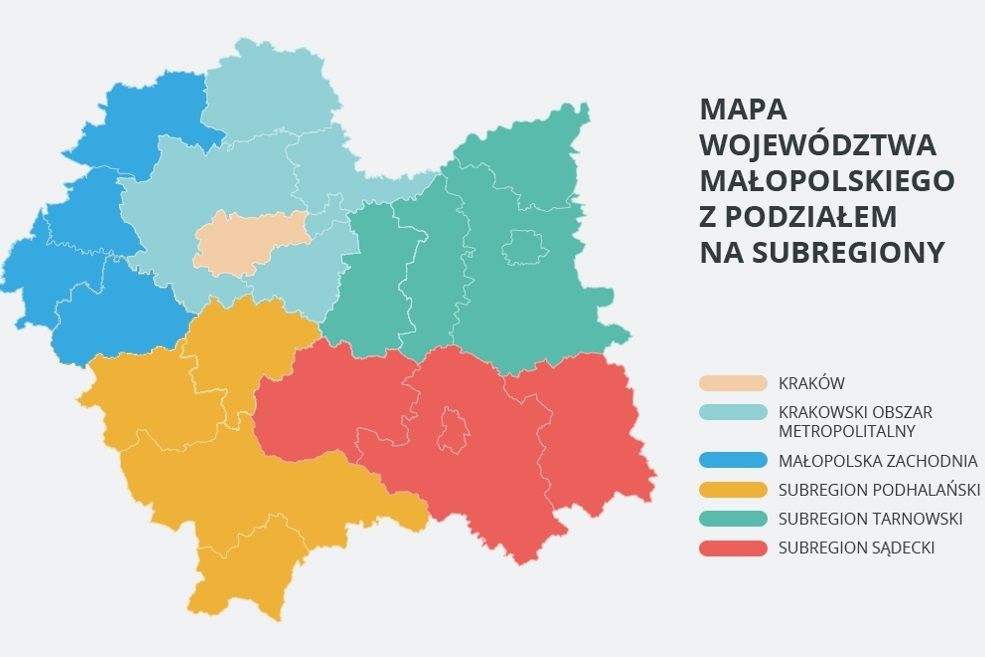 Mapa województwa Małopolskiego z podziałem na subregiony