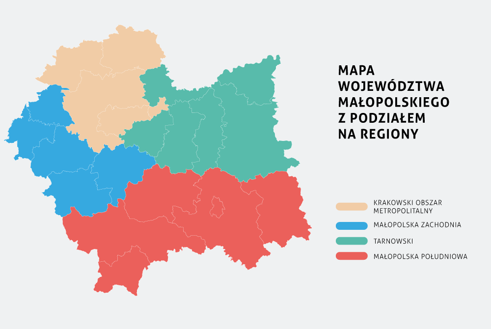 Mapa województwa małopolskiego z podziałem na regiony